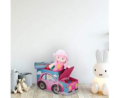 Relaxdays Sitzhocker Kinder, Spielzeugkiste mit Fach, faltbar, Motiv Auto, Stauraum, Jungen und Mädchen, 50 Liter, pink