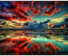 YEESAM ART DIY Ölgemälde Malen nach Zahlen Erwachsene Kinder, See Himmel Rote Wolken Zahlenmalerei ab 5 Öl Wandkunst (Rote, mit Rahmen)