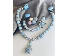 moderne Kinderwagenkette & Schnullerkette mit Namen Junge Blau Teddy Bär & extra große Perlen personalisierte Baby Geschenk (Kinderwagenkette & Schnullerkette)