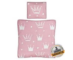 Aminata Kids - Wiegen-Bettwäsche-Set Bett-Decke 80-x-80-cm Kissen-Bezug 35-x-40 cm, Baumwolle, Reißverschluss, Krone, Prinzessin, für Stubenwagen, Beistellbett, Kinderwagen, rosa, weiß