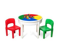 COSTWAY Kinder Tischset mit Staufach, Sitzgruppe Kinder, 3tlg. Kindersitzgruppe, Spieltischset bestehend aus 2 Stühlen und 300 kleinen Blöcken, Bausteintisch für Kinder ab 3 Jahren, Mehrfarbig