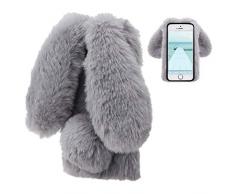 LCHDA kompatibel mit Plüsch Hülle iPhone 6 Plus 6S Plus Flauschige Hasen Fell Hülle Handyhülle Mädchen Süße Kaninchen Pelz Niedlich Hasenohren Handytasche Schützend Stoßfest TPU Silikonhülle-Grau