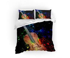 CDH Bettwäsche-Set 3D-Western-Musikinstrument Violine Schmetterling Note Druck Schwarz Beige Bettbezug Polyester, Kindereinzelbett King-Size-Doppelbett,03,A Single55×82.7in