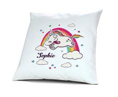 Kopfkissen mit Namen Sophie - Motiv Verrücktes Einhorn, 40 cm, 100% Baumwolle, Kuschelkissen, Liebeskissen, Namenskissen, Geschenkidee