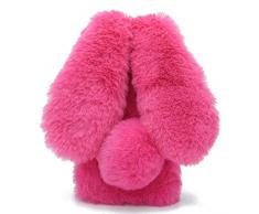 Artfeel Plüsch Kaninchen Hülle für Samsung Galaxy A7 2018/A750,Niedlich Pelzig Hase Ohren Haarballen Winter Weich Warm Flauschige Handyhülle Faux Pelz Glitzer Diamant Stoßfest Schutzhülle-Rose Rot