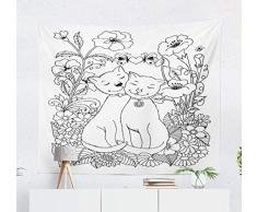 Duanrest Wandteppich,Paar Katzen sitzen Blumen Malbuch Arbeit Stress und Kinder schwarz und Wandteppich für zu Hause 229x152cm