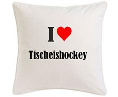 Kissenbezug I Love Tischeishockey 40cmx40cm aus Mikrofaser ideales Geschenk und geschmackvolle Dekoration für jedes Wohnzimmer oder Schlafzimmer in Weiß mit Reißverschluss