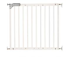 Geprüftes Türschutzgitter Treppenschutzgitter aus Massivholz in Weiß. Breite 75,6 - 110,4 cm. Schwenkbares Kindersicherheitsgitter mit Einhand-Sicherheitsverschluss. TÜV / GS geprüft. Entspricht EN:1930:2011.