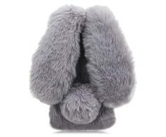 LCHDA kompatibel mit Plüsch Hülle iPhone 6/iPhone 6S Flauschige Hasen Fell Hülle Handyhülle Mädchen Süße Kaninchen Pelz Niedlich Hasenohren Handytasche Schützend Stoßfest TPU Silikonhülle-Grau