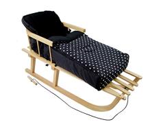 Rawstyle *KOMBIPAKET* HOLZSCHLITTEN mit Rückenlehne incl. Zugleine + WINTERFUSSSACK 108cm aus Fleece (Schwarz + Punkte Weiß) für Kinderwagen - Lehne -Kinderschlitten NEU