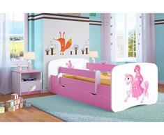 Bjird Kinderbett Jugendbett 70x140 80x160 80x180 Rosa mit Rausfallschutz Matratze Schublade und Lattenrost Kinderbetten für Mädchen - Prinzessin auf dem Pony 140 cm