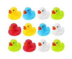WELLGRO 12 Badeenten - bunt (gelb, rot, weiß, blau, grün), je Ente ca. 3,5 x 3 cm (ØxH), im Netz