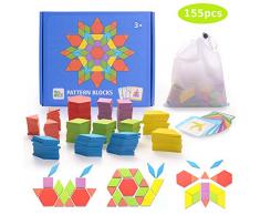 HellDoler Holzpuzzles Geometrische Puzzle 155 Teile Bausteine Montessori Spielzeug Grafische Klassische Pädagogisches Spielzeug mit 24 Design Karten für Kinder Kleinkind