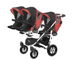 Kinderwagen für Drillinge Säugling und ältere Zwillinge 1 Gondel 3 Sportsitze Trippy Kinderwagen 2in1 weißer Rahmen (schwarz rot 03)