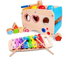 Rolimate Xylophon und Hammerspiel Spielzeug ab 1 Jahr, 3 in 1 Montessori Pädagogisches Vorschullernen Musikspielzeug Holzspielzeug Nachziehspielzeug Geburtstagsgeschenk fur Kinder Baby 1 2 3 Jahre