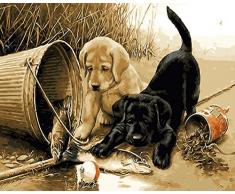 Fuumuui DIY Malen Nach Zahlen-Vorgedruckt Leinwand-Ölgemälde Geschenk für Erwachsene Kinder Kits Home Haus Dekor - Fischen Hunde 40*50 cm