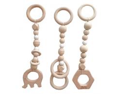 Luckiests 3PCS / Set Baby-Spiel-Gymnastik-Silikon-Perlen Holz Beißring Kleinkind Aufhänger Rattle Holz Ring Greiflinge Neugeborenes BabyPram Spielzeug