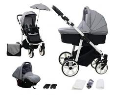 Skyline 3in1 Kombi Kinderwagen mit einem Aluminium Gestell, Babywanne, Sport Buggyaufsatz und Babyschale (ISOFIX) (Grau)