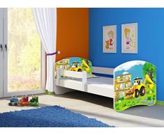 Clamaro Fantasia Weiß Motiv Kinderbett Komplett Set 160 x 80 cm inkl. Matratze und Lattenrost, Kantenschutzleisten umlaufend, extra Rausfallschutz Seitenteil (verstellbar), Seitenteile: Weiß, Design: 20 Bagger