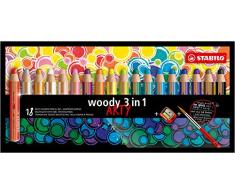 Buntstift, Wasserfarbe & Wachsmalkreide - STABILO woody 3 in 1 - ARTY - 18er Pack - mit 18 verschiedenen Farben, Spitzer und Pinsel