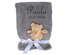 Babydecke mit Namen und süßer 3d Appliaktion SUPER KUSCHLIG (grau Bär)