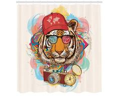 ABAKUHAUS Duschvorhang, Hipster Rapper Stil Tiger mit Sonnenbrille Hut und Kamera Künstler Hippie Animal Comic Druck, Wasser und Blickdicht aus Stoff mit 12 Ringen Bakterie Resistent, 175 X 200 cm