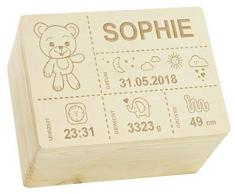 LAUBLUST Holzkiste mit Gravur - Personalisiert mit GEBURTSDATEN - Naturbelassen, Größe XL - Teddybär Motiv - Erinnerungskiste als Geschenk zur Geburt