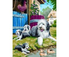 MAMMUT 110005 - Malen nach Zahlen Classic Tiermotiv, Hundefamilie, Komplettset mit bedruckter Malvorlage im A4 Format, 12 Acrylfarben und Pinsel, Malset für Kinder ab 8 Jahre