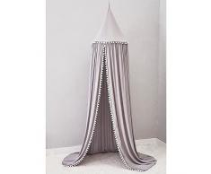 Wonder Space Prinzessin Pom Poms Baldachin, 240cm Bett Kuppel Betthimmel Moskitonetz aus Baumwolle, Insektenschutz Bettvorhang Zelt fürs Innen Schlafzimmer Dekoration Baby Kinder Kinderzimme, Grau