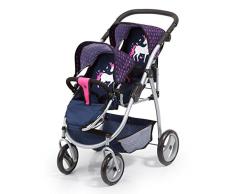 Bayer Design 26554AA Zwillingspuppenwagen für Puppen, modern, höhenverstellbarer Griff, zusammenklappbar, mit Einhorn Motiv, blau pink