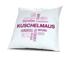 Kopfkissen mit Namen Kuschelmaus - Motiv Positive Eigenschaften Tagcloud Pink, 40 cm, 100% Baumwolle, Kuschelkissen, Liebeskissen, Namenskissen, Geschenkidee
