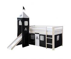Homestyle4u 1550, Kinder Hochbett Mit Rutsche, Leiter, Turm, Vorhang Pirat Schwarz, Massivholz Kiefer Weiß, 90x200 cm