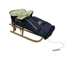 Holzschlitten für Kinder mit Rückenlehne Rodelschlitten Davoser Schlitten aus Holz mit einem Sicherheitsgurt, Rückenlehne und Winterfußsack (Natur/Dunkelblau)