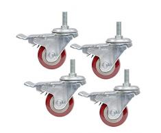 4 x PU Rollen, Faden Stengel M12, 2,5 Zoll 63 mm, Schwerlast 300 kg, Kohlenstoffstahl Klammer Schwenken Universal Leise Industrie Lenkrollen, mit Bremse zum Möbel Wagen Bürostuhl Gerüst Krippe