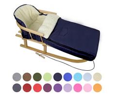BambiniWelt24 BAMBINIWELT Kombi-Angebot Holz-Schlitten mit Rückenlehne & Zugseil + universaler Winterfußsack (90cm), auch geeignet für Babyschale, Kinderwagen, Buggy, aus Wolle Uni (Marine)