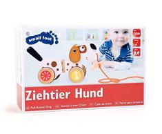 Ziehtier Hund aus Holz, wackelt lustig mit Ohren und Rute, mit einem Knochen an der Leine, sehr geräuscharm durch Gummiringe an den Reifen, tolles Spielzeug für kleine Laufanfänger