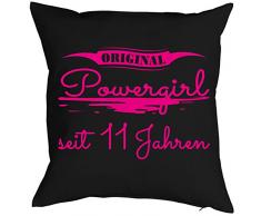 11 Geburtstag Kissen - Kuschlekissen Kinder - Geburtstagsfeier 11.Geburtstag Mädchen : Original Powergirl seit 11 Jahren -- Deko - Kissen mit Füllung - Farbe: schwarz