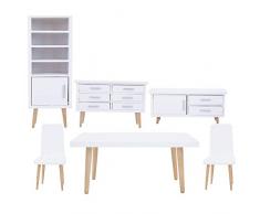 Zerodis 6 STÜCKE Puppenhaus Möbel 1:12 Mini Holz Wohnzimmer Esszimmer Mode Stil Tisch Stuhl Möbel Set für Puppenhäuser Weiß