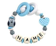 Elefantasie Premium Greifling mit Namen Holz Rassel Modell Eule Herz grau hellblau
