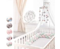 KINDNEST Premium Bettumrandung Kinderbett Baby Nestchen 2m Krippe Weben Geflochten Stoßfänger Kopfschutz Bettausstattung Dekoration für Babybett Babywiege (Weiß-Rosa-Grün, 2m)
