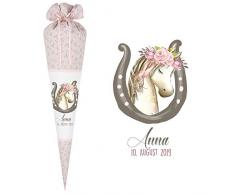 Manufaktur Liebevoll Schultüte aus Stoff personalisiert mit Namen des Kindes I Zuckertüte mit Pferde-Motiv für Mädchen I Stoff in rosa geblümt