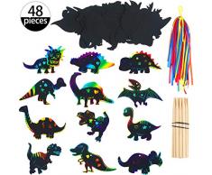 Outus 48 Stücke Dinosaurier kratzbild Bastel Kunst Set mit 24 Stücke Holzstiften und 48 Stücke Bändern für Dinosaurier Geburtstag Party Zubehör