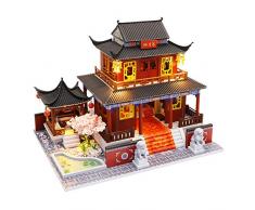 Puppenvilla Puppen Haus Holz Puppenstube 3D DIY GebäUde Im Chinesischen Stil Basteln Sammlung Mit LED Licht + Staubschutzhaube FüR Jugendliche Und Erwachsene