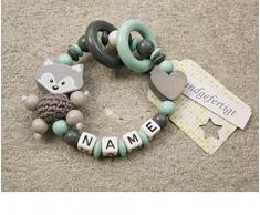 Baby Greifling Beißring geschlossen mit Namen - individuelles Holz Lernspielzeug als Geschenk zur Geburt Taufe - Mädchen Jungen Motiv Fuchs und Herz in grau mint