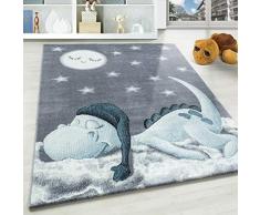 Kinderteppich Motiv niedliche Dinosaurier Sterne und Mond Blau Grau Weiß Farben, Größe:160x230 cm, Farbe:Blau