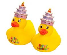 MC-Trend Happy Birthday Badeente Ente Quietscheente zum Geburtstag mit lustigen Kuchen Torte auf dem Kopf (2 Badeenten)