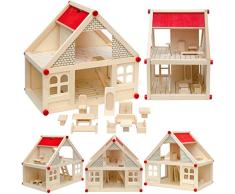 LittleTom 2-stöckiges Puppenhaus mit passenden Möbeln - Puppenstube aus Naturholz Holzpuppenhaus
