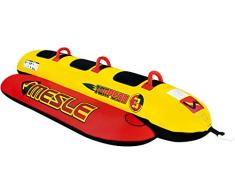 MESLE Skibob Torpedo, 3 Personen Towable-Tube, Fun-Tube, rot gelb, incl. Reparaturset, Bananen-Boot, aufblasbar, Kinder & Erwachsene, Speed-Wassergleiter, 840 D Nylon, sicher & kippstabil