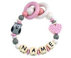 Elefantasie Premium Greifling mit Namen Holz Rassel Modell Eule Herz grau rosa