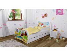 Kinderbett Weiss mit Matratze Bettkasten und Lattenrost - verschiedene Motive DM (Dinosaurier, 160x80)